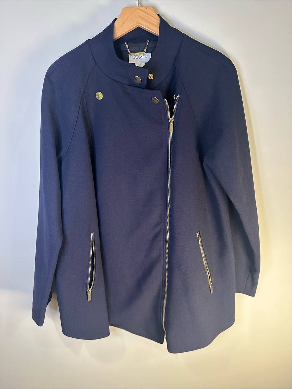 Carmen Marc Valvo Navy Moto Jacket Gold Hardware Asymmetric Zip Size M